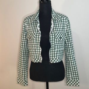 Green and white plaid zip up jacket from the brand Urban Outfitters in a large.